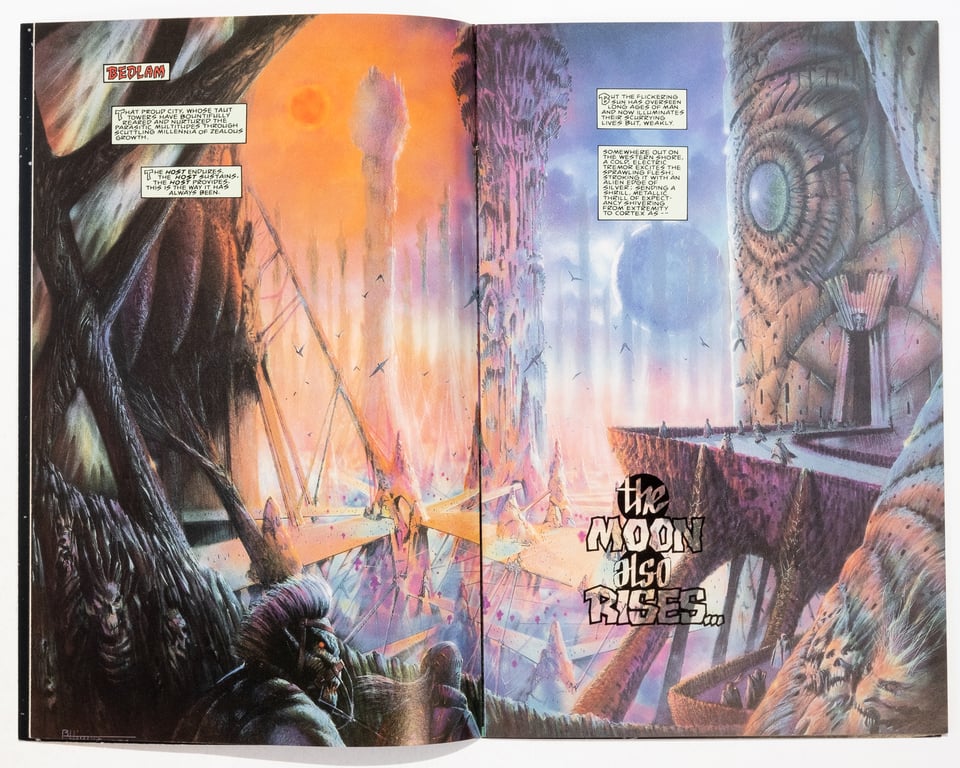 A spread from issue one. It shows a painted landscape of a fleshy city called Bedlam. monstrous faces appear to be growing out of the walls.