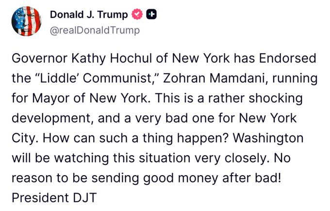 Trump said he had given up on stopping Mamdani by dirty politics. Guess that is not true. 🤨