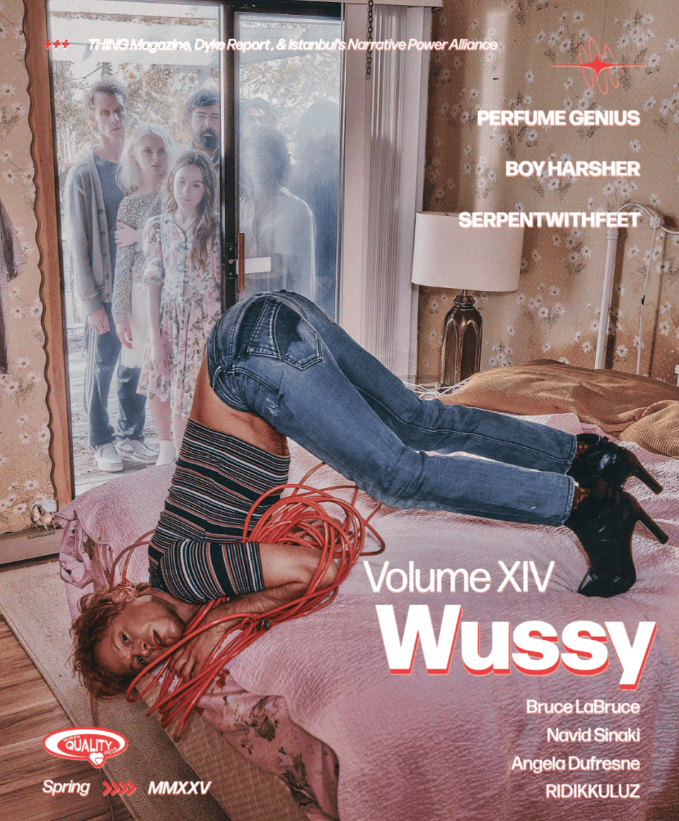 picture of the cover of WUSSY magazine volume 14. a person is perched in an upside down v shape on a bed, wearing heels and jeans. the cover advertises work from Bruce LaBruce, Navid Sinaki, Angela Dufresne, and RIDIKKULUZ.