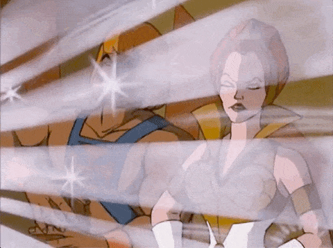 A GIF from He Man where something out of frame appears to be very bright.