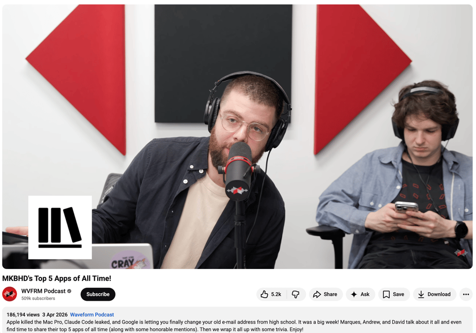 YouTube video page showing a podcast episode titled “MKBHD’s Top 5 Apps of All Time!” from the Waveform Podcast. Two hosts sit in a studio with microphones and headphones; one speaks into a mic while the other looks down at a phone. The StoryGraph logo appears overlaid in the video. Below are engagement metrics including views, likes, and a subscribe button.