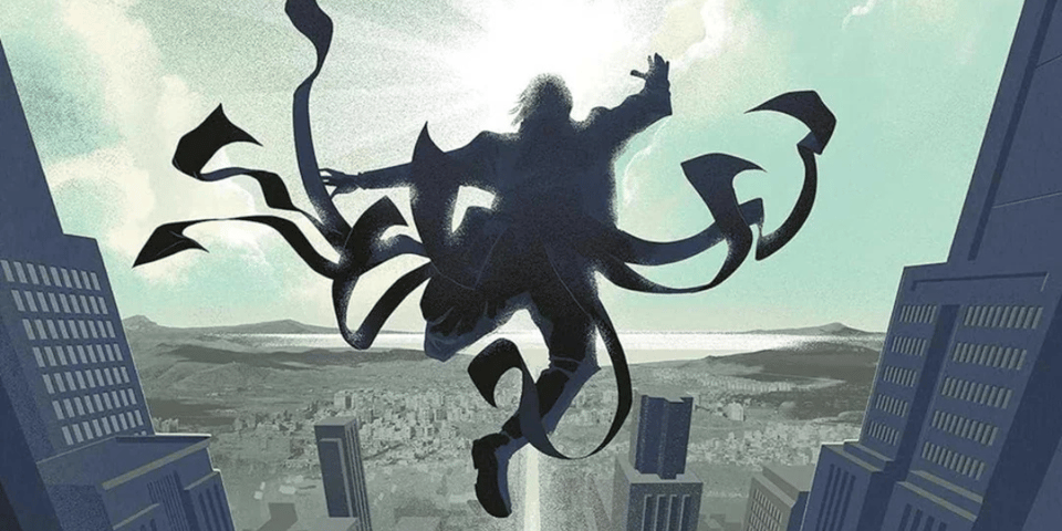 Wax, the protagonist of The Alloy of Law, leaps from a building.
