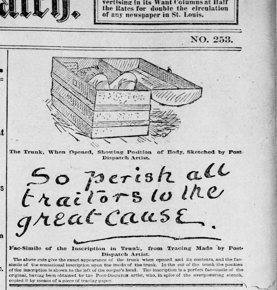 A chalk plate appearing in a newspaper showing a body in a trunk and the handwritten text "so perish all traitors to the great cause" below