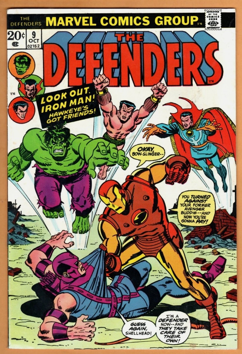 The cover of the comic book Defenders #9 from the 1970s. It was drawn by Sal Buscema and features the Hulk, Iron Man, Doctor Strange, and Hawkeye. Iron Man is menacing Hawkeye, as Hulk and Doctor Strange leap to his defense.