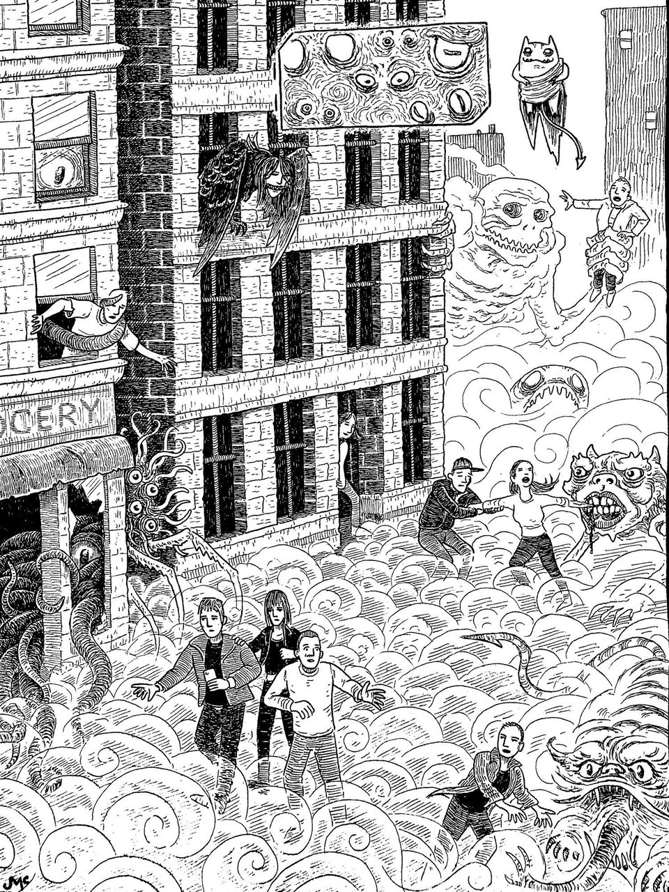 A black and white illustration with a lot of lines, showing creatures filling a city street along with clouds, attacking and scaring people