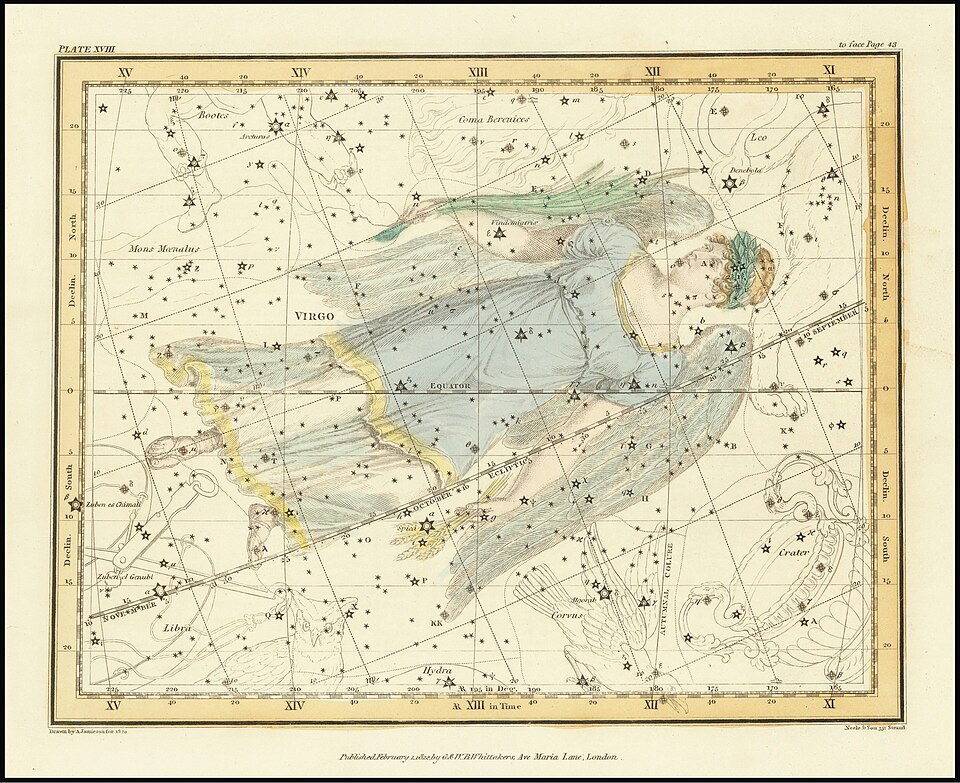 An 1812 engraving, hand-coloured, of the constellation Virgo, associated with the harvest since the Roman empire