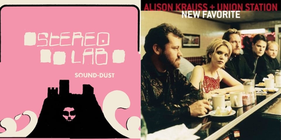First pic: On a pink background is a drawing of the black silhouette of a tall hill with some kind of fortress on top of it. In the middle of the hill is a skull like face, as if "cut out" of the picture -- the negative space is pink, like the background. White shapes like big waves crash on each side of the hill. Second pic: Alison Krauss, a white woman with short blonde hair, and her band Union Station, four white men, sit at a restaurant counter with dishes and coffee cups about like they just finished breakfast. Krauss wears a red dress and looks at the camera. The four band members wear black and some look at the camera and some don't.