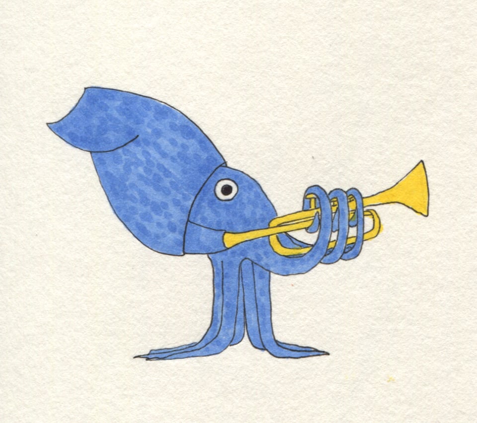 Drawing of a blue squid playing a yellow trumpet. Although cartoonishly stylized, both squid and trumpet are anatomically accurate. The squid is blowing into the mouthpiece with its siphon, and operating the valves with three arms wrapped around the trumpet. The other five arms are being used as legs for the squid to stand on.
