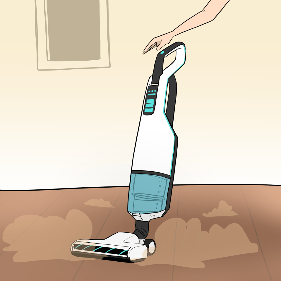 A vacuum cleaner is cleaning a room which has quite a bit of dust in it. The vacuum has a hand sanitiser dispenser on it which you can access by pressing one of the many buttons on the handle.