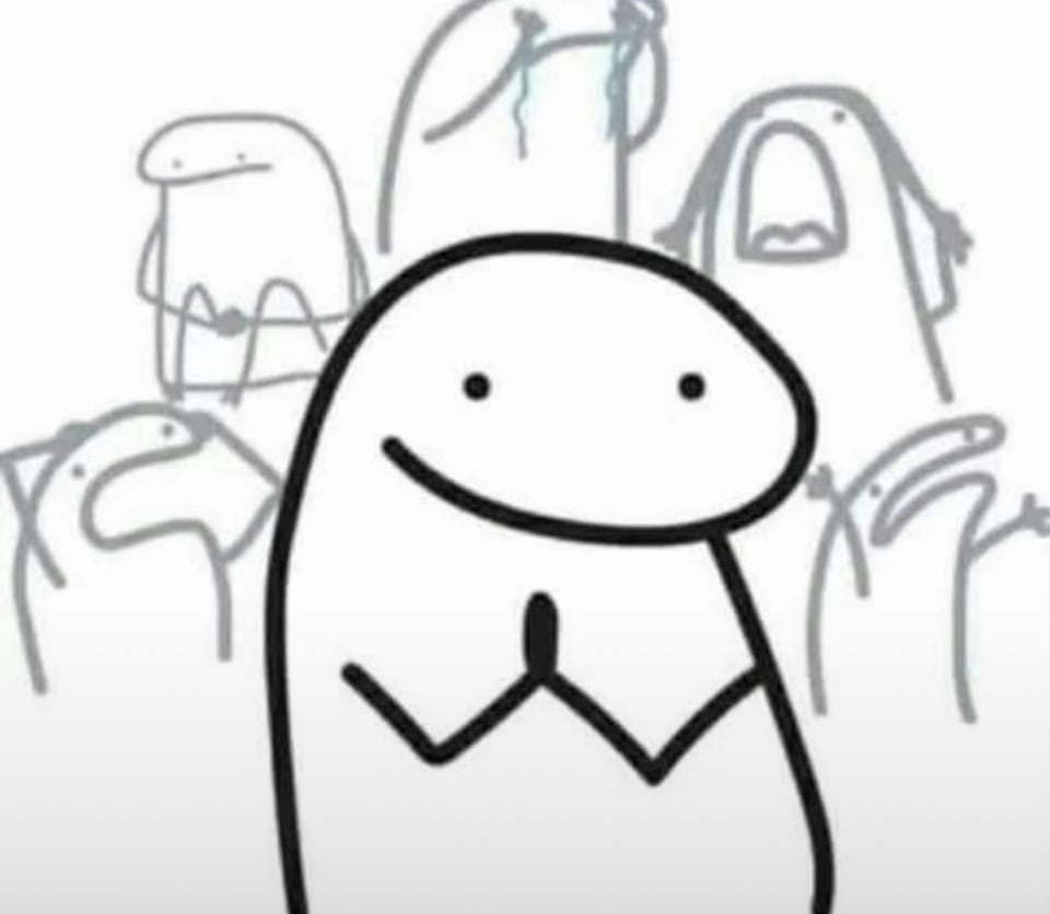 A genderless blob person with stick arms. Their hands are pressed together. In the background, there are similar figures expressing a different emotion: agony, sitting curled into a ball, crying, pulling at their hair, and waving their arms in the air.