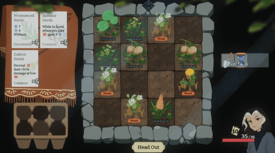 GIF of the Garden. There's seed packs in your inventory in the top left. There is a seed tray in the bottom left. In the center is a 4x4 grid of dirt tiles with plants growing on them. On the right is a trowel tool and a hourglass tool.