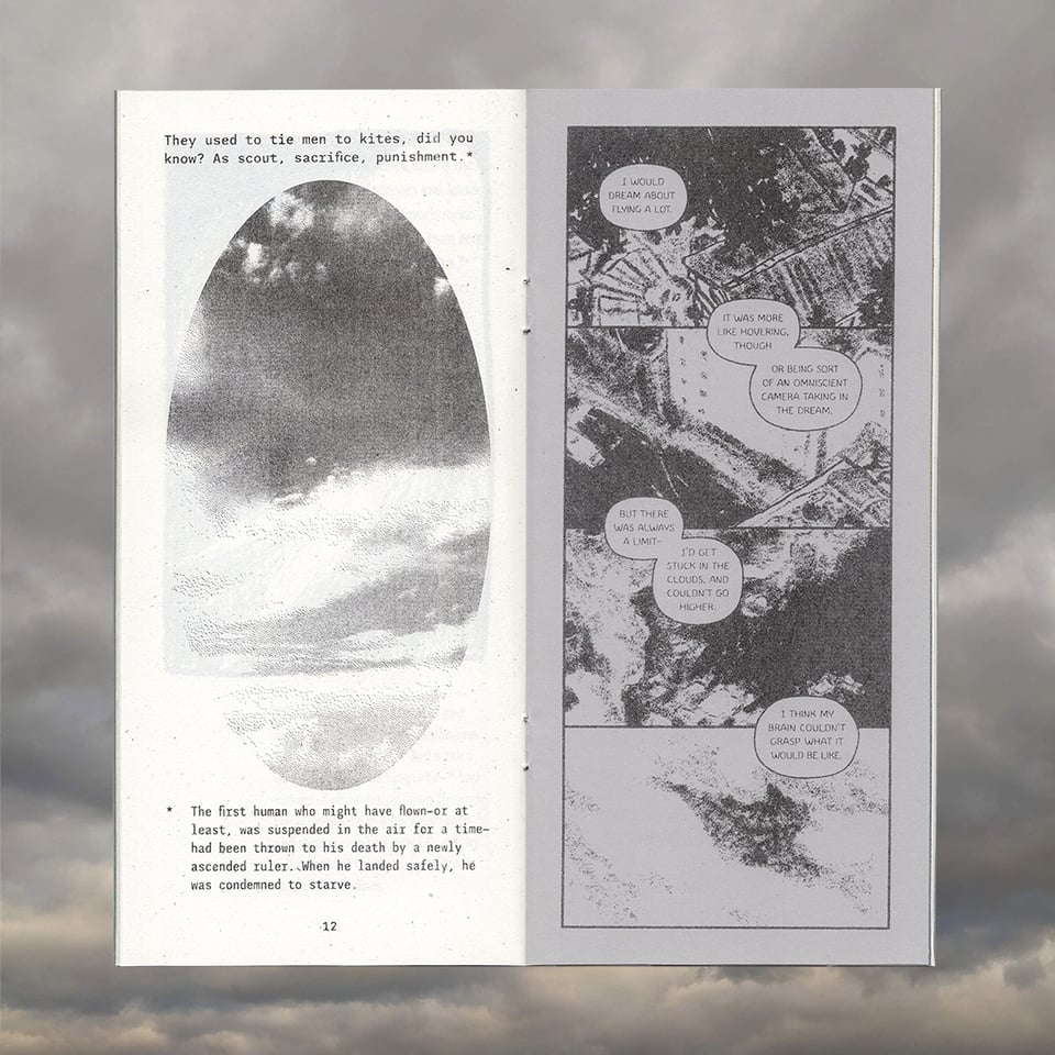 A spread: a black & white photo of the sky between short fragments of text, and a 1 page comic in grainy pencil showing distant aerial views.
