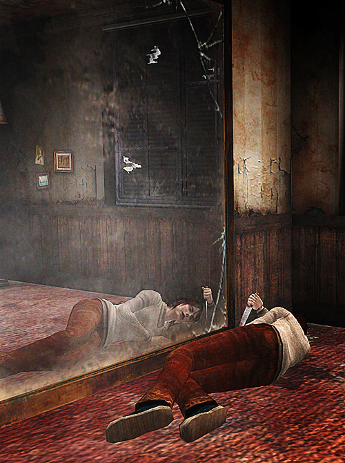 A young lying on the floor looking at a wall-sized mirror. She's holding a knife