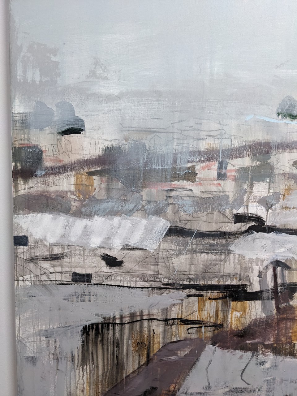 a painting with greys, black, pink, and brown, gesturally and abstractly depicting a landscape with buildings