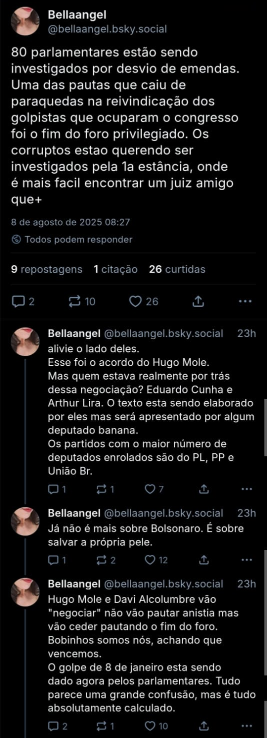 A imagem mostra sequência de posts da @bellaangel.bsky.social: 80 parlamentares estão sendo investigados por desvio de emendas. Uma das pautas que caiu de paraquedas na reivindicação dos golpistas que ocuparam o congresso foi o fim do foro privilegiado. Os corruptos estão querendo ser investigados pela 1a instância, onde é mais fácil encontrar um juiz amigo que alivie o lado deles. Esse foi o acordo do Hugo Mole. Mas quem estava realmente por trás dessa negociação? Eduardo Cunha e Arthur Lira. O texto está sendo elaborado por eles, mas será apresentado por algum deputado banana. Os partidos com o maior número de deputados enrolados são do PL, PP e União Br. Já não é mais sobre Bolsonaro. É sobre salvar a própria pele. Hugo Mole e Davi Alcolumbre vão "negociar" , não vão pautar anistia, mas vão ceder pautando o fim do foro. Bobinhos somos nós, achando que vencemos. O golpe de 8 de janeiro está sendo dado agora pelos parlamentares. Tudo parece uma grande confusão, mas é tudo absolutamente calculado.