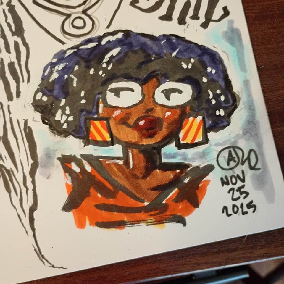 A drawing of Tina done in ink, marker, and whiteout while I was on a phone call.