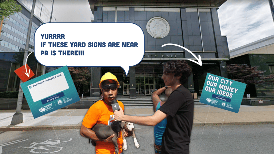 Image of NY Sidetalk host and guests in front of City Hall - with guest saying "yurrrr if these yard signs are near, PB is there!!!"