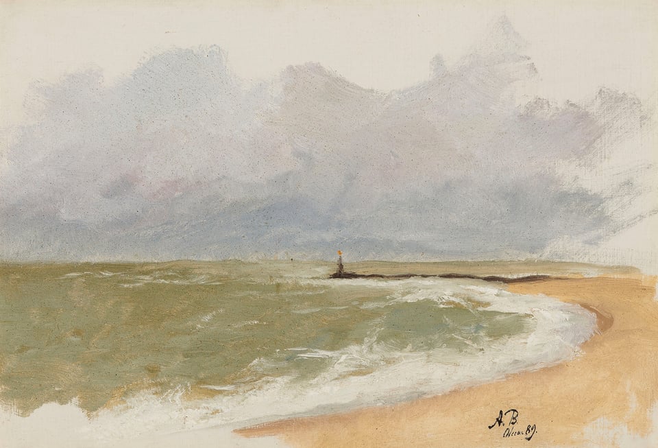 Painting of a green sea and a yellow sand beach under a grey sky.