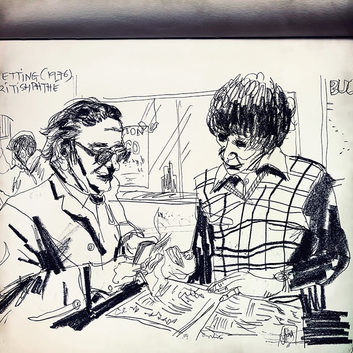Sketch of two men in a bookmakers in London 1970
