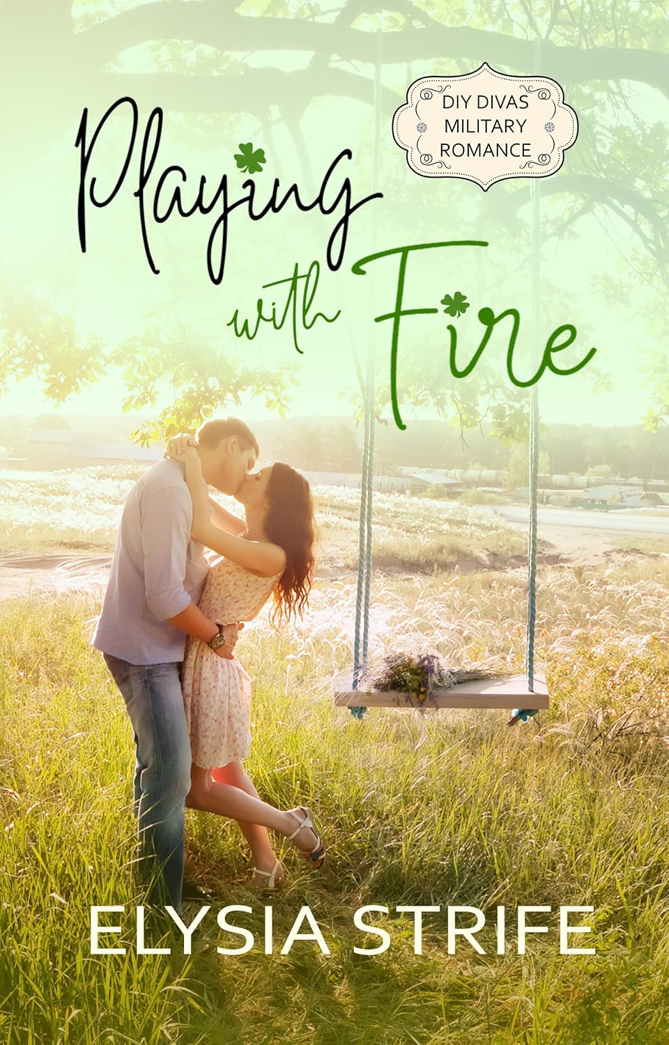 A couple embraces next to a wooden swing amidst a field of pasture grass.