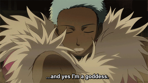 An animated GIF of a character from the anime series "Darker Than Black" point at the viewer as her eyes flash red. TEXT ID: "...and yes I'm a goddess."