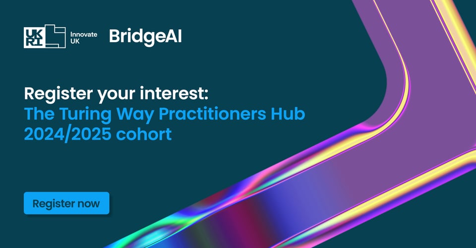 "Alt: dark blue banner with purple, pink and yellow gloss on the right. The banner has UKRI - Innovate UK BridgeAI logos. Register your interest: The Turing Way Practitioners Hub 2024/2025 cohort is written in big letters."