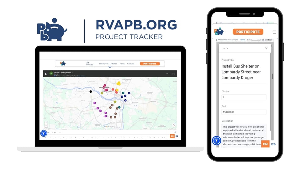 Mockup of PB project tracking page on laptop and phone