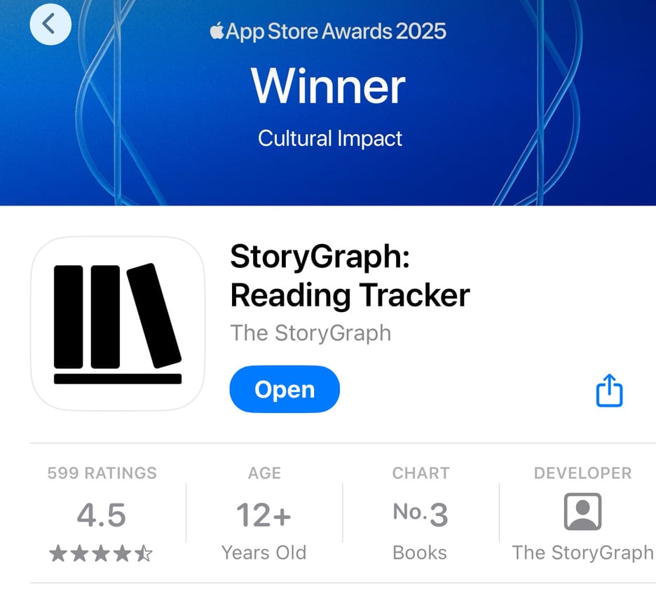 App Store Awards 2025 screen showing “Winner — Cultural Impact.” Below is the app listing for “StoryGraph: Reading Tracker” with an Open button, rating summary, age rating, chart position, and developer name.