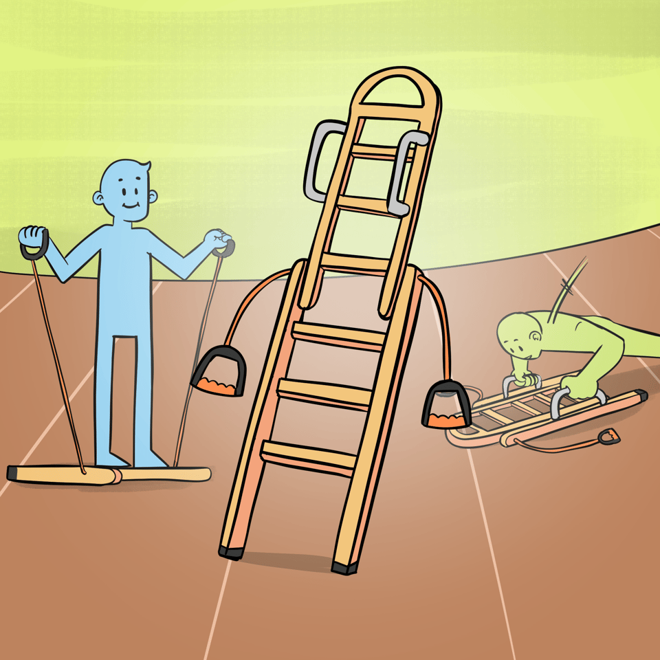 A ladder with attached handles and retractable handles on cords. Two people are nearby using their own FitLadders.