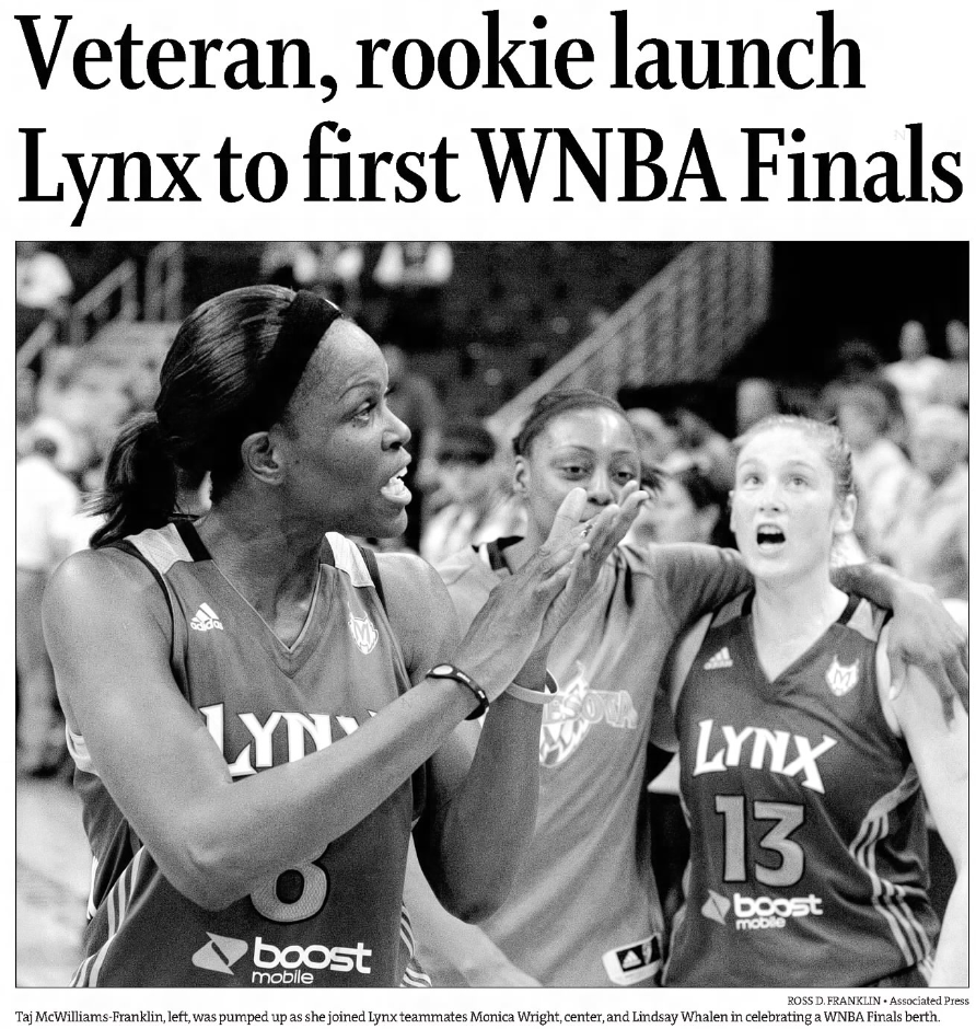 Clipping from The Star Tribune of Taj McWilliams-Franklin clapping to her team and/or the crowd after clinching a spot in the 2011 WNBA Finals