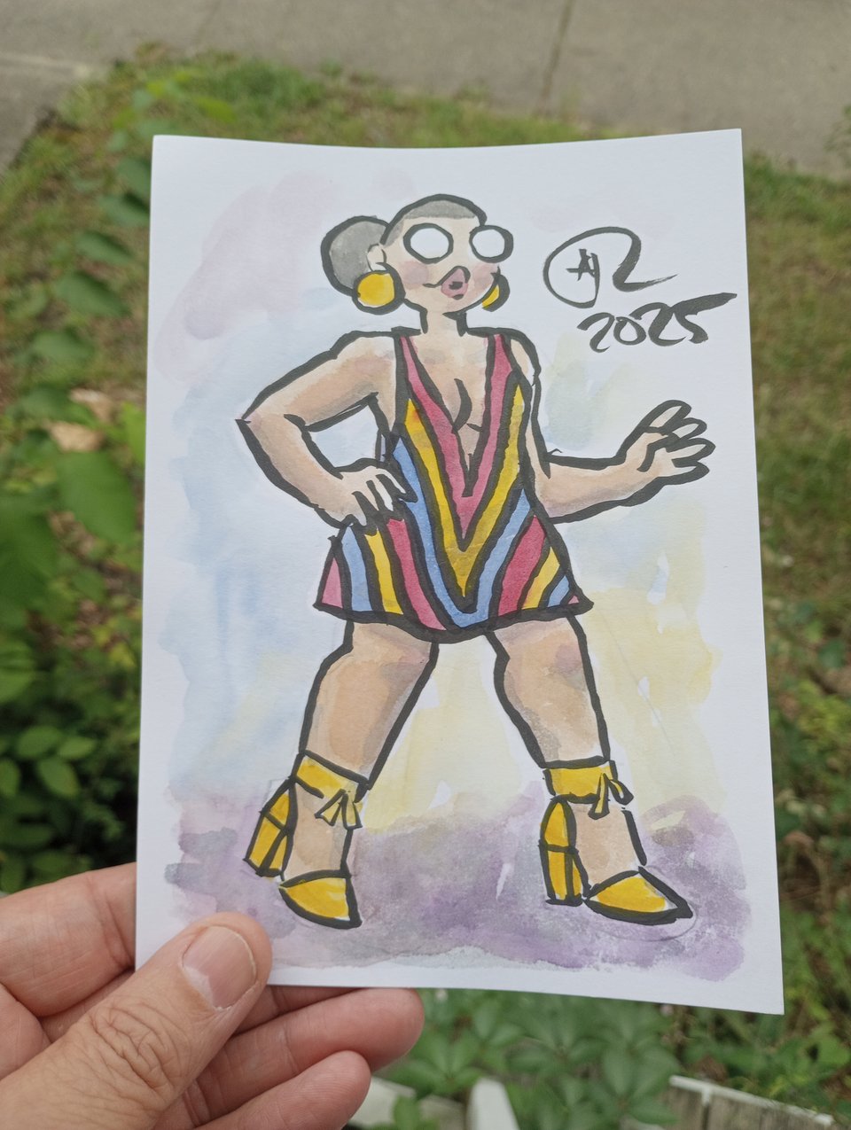 A watercolor of Val in a multicolored, striped deep cut v-neck minidress and yellow shoes.