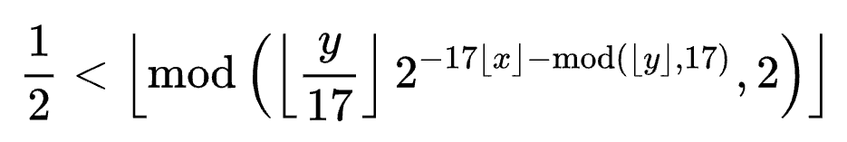 Tupper's formula: One half is less than the floor of the modulo to the base of 2 of the floor of y divided by 17 times 2 to the power of -17 times the floor of x minus the modulo to the base of 17 of the floor of y.