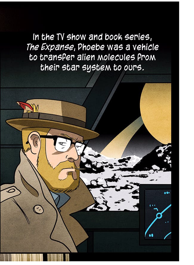 a portrait of a bearded man with glasses and a porkpie hat, looking grim in front of a barren moon landscape