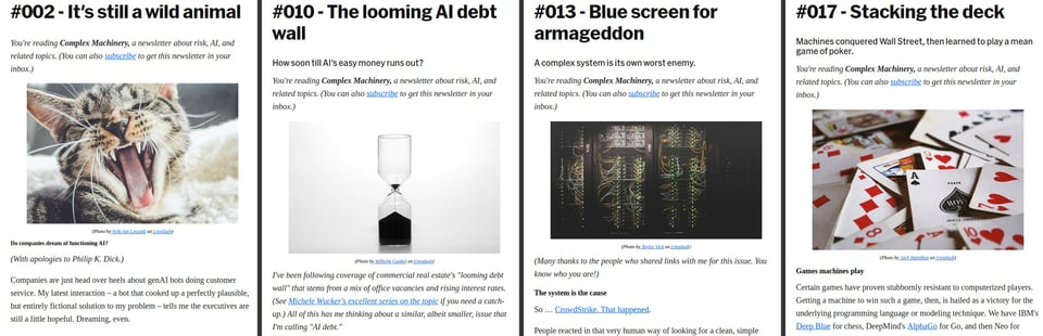 Covers of select issues of Complex Machinery, including titles and header images.