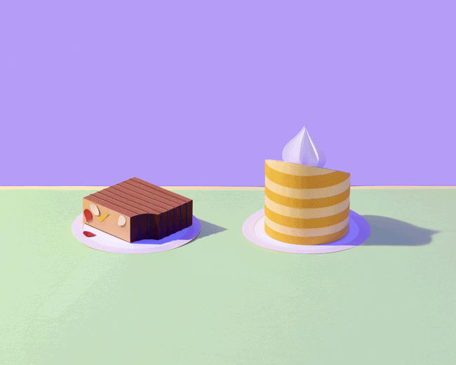 A GIF frame-by-frame animation of two paper cakes on plates. A rectangular chocolate cake stays still on the left, while a yellow striped cake with slanted top rotates on the right. Two forks appear in succession.