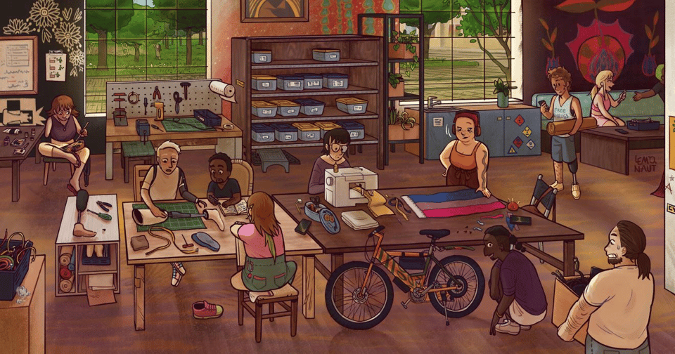 Lemonaut's illustration of a prosthesis maintenance day at a fictional makerspace.