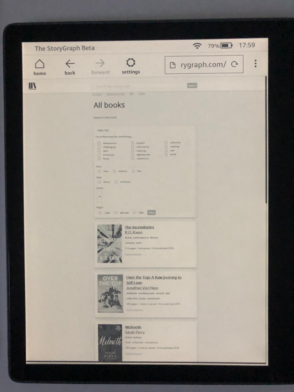 Screenshot of The StoryGraph Beta on Kindle from 2019. The design is very narrow, running down the middle of the page. There's a sparse filter menu, and a few book panes, stacked underneath one another. The panes feature a book cover and then small text to the right.