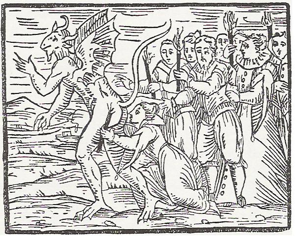 Engraving of people with torches pursing (or led by?) a demon.