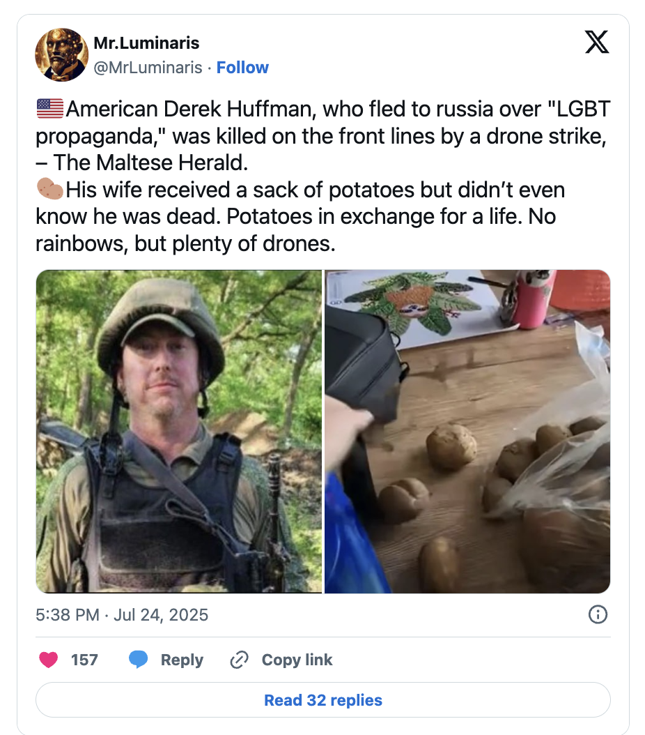 Screenshot of Tweet alleging Huffamn was killed and citing a jive source