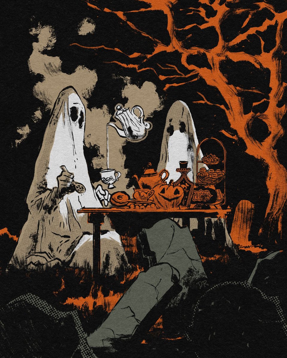 Two sheet ghosts having a tea party in a cemetery