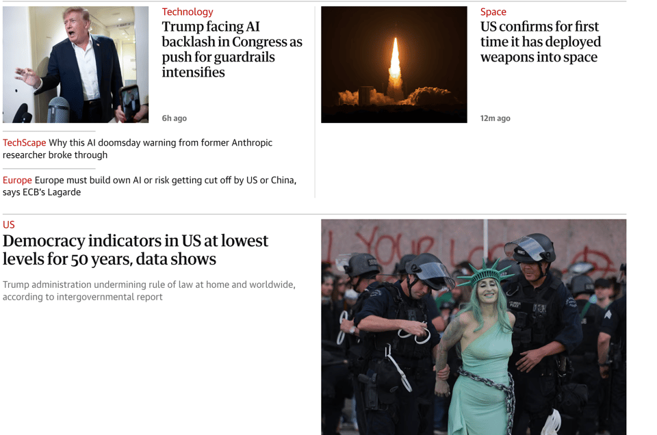 depressing screenshot of news articles about AI, war, death of democracy