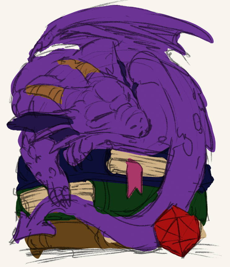 Work in progress digital sketch of a purple dragon sleeping on top of a pile of three books with a red Icosahedron dice near the right side of it's tail.