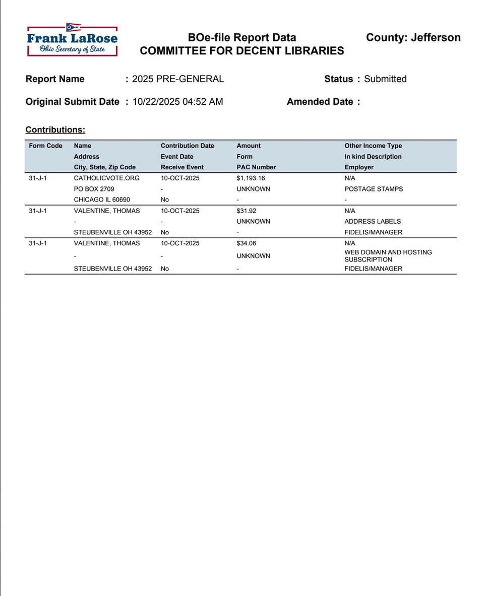 Image of the campaign funding filing from the Committee for Decent Libraries