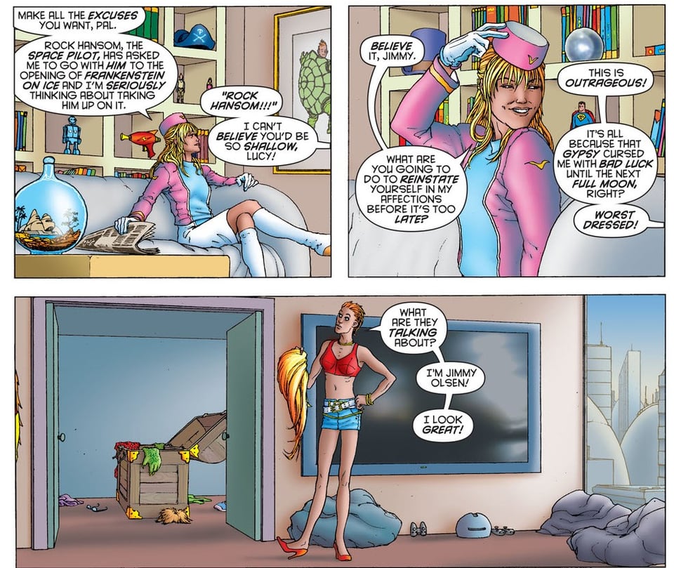 Panels from the comic book All Star Superman, showing two people having a conversation