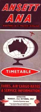 Photo of the cover of an old Ansett Australia timetable.  Red angular font. Globe with Australia centered. The word "timetable" within a cross-section of a airplane wing.