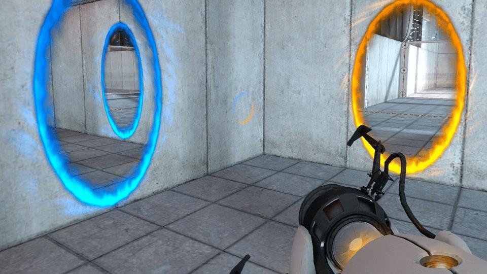 Image from Portal 2 showing two portals affixed to walls near each other. One portal can see itself through the other portal, showing some of the power of this as a game mechanic.