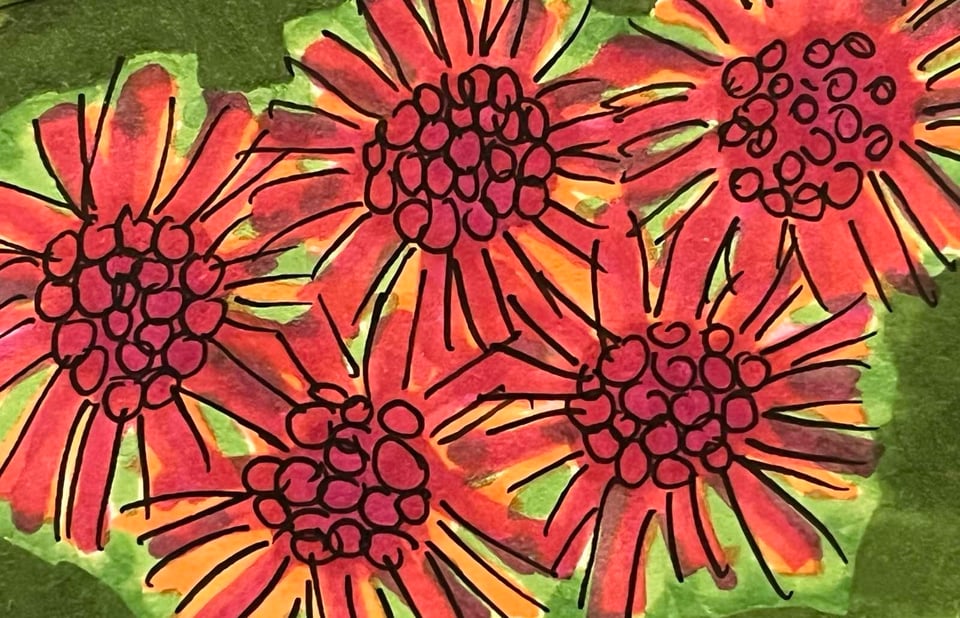 illustration of pink and orange flowers against a green background
