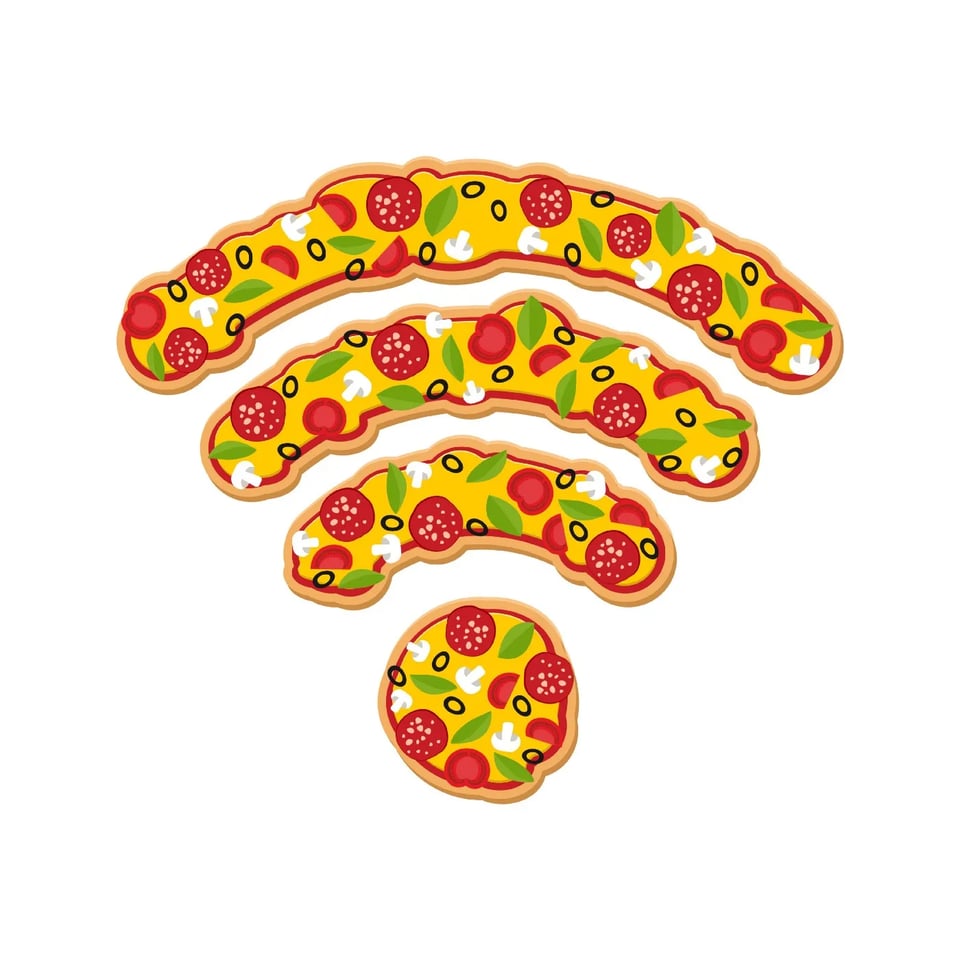 A network signal icon constructed from cartoon pepperoni pizza
