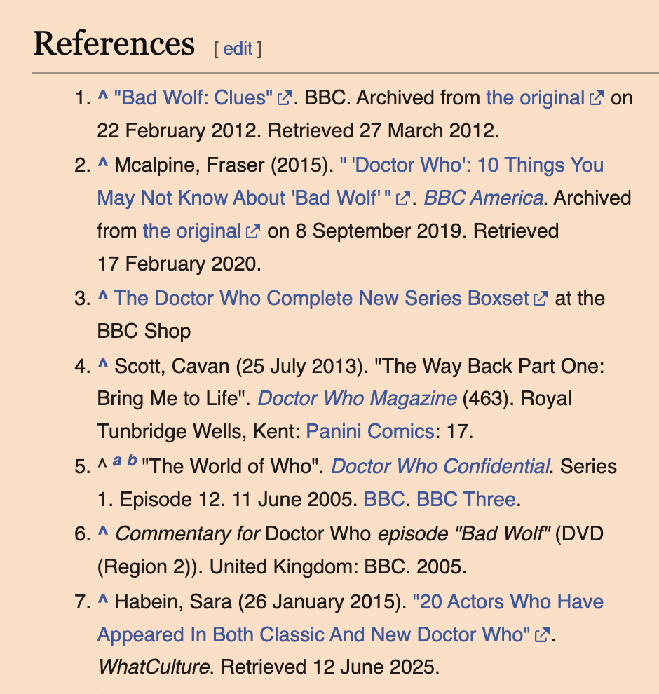 Screenshot from Wikipedia, references on the "Bad Wolf" episode page showing I am resource 7: Habein, Sara (26 January 2015). "20 Actors Who Have Apeared In Both Classic and New Doctor Who." WhatCulture. Retrieved 12 June 2025. Cavan Scott is resource 4: "The Way Back Part One: Bring Me To Life". Doctor Who Magazine (463)