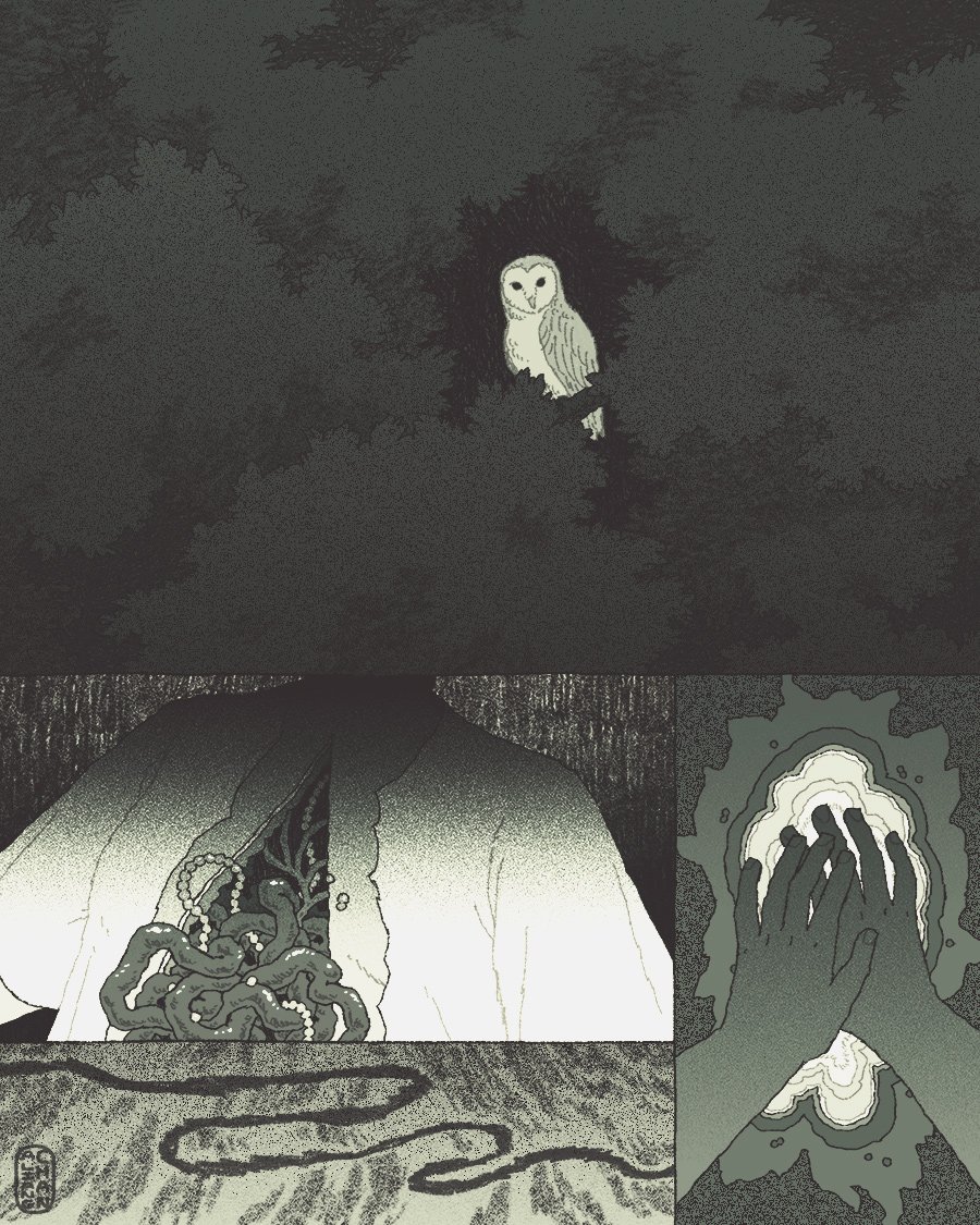 a drawing divided into panels: an owl watches from the shadows of trees; a torso splits open into surreal viscera; hands held over a pool liked a ringed slab of mineral; a winding path on a mountainside.